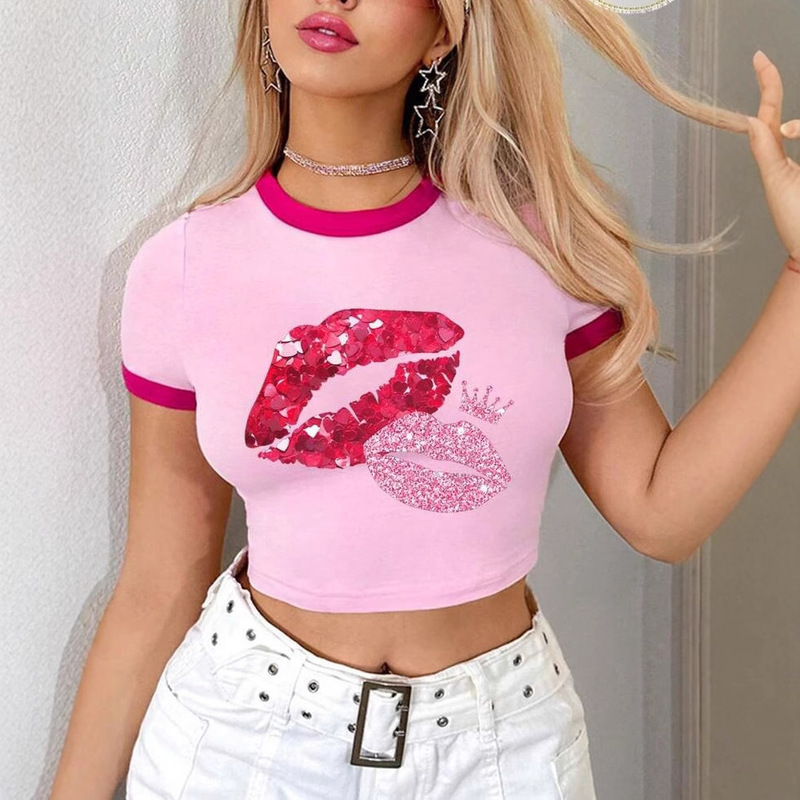 Women's Short Sleeve Tight Round Neck Pullover Short Sleeve T-Shirt Lips Rose Pattern Print Casual Fashion Hot Sale Customized