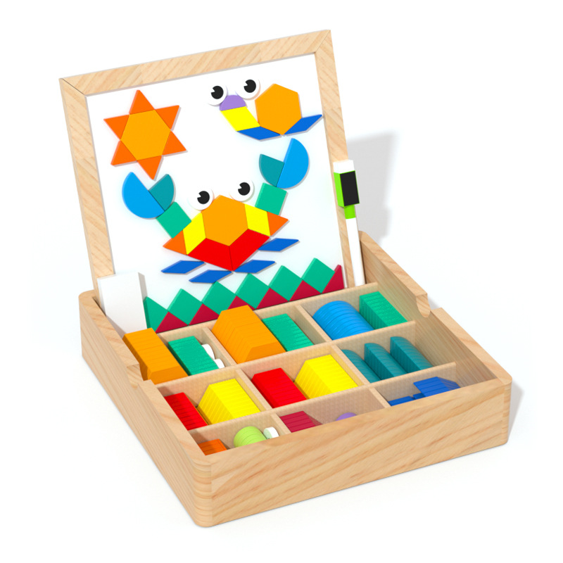Puzzle creativo magnético de madera de doble cara tablero de dibujo siempre cambiante siete tablero de construcción de bloques de geometría ensamblado puzzle juegos infantiles image 5