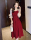 Burgundy toasting suit bride 2023 new daily mid-length stitching mesh yarn for petite woman