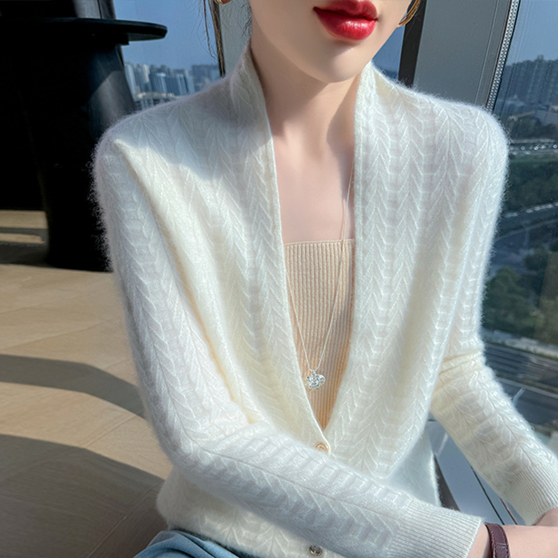 新款秋冬围巾领修身100羊毛开衫女V领上衣针织衫毛衣羊绒时尚外搭|undefined