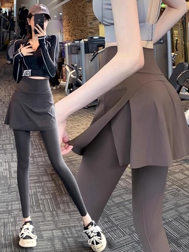 Women's Short Sleeve Shark Suit False Two-Piece Athletic Pants, Tall Waist, Running, Fitness, Yoga, Skirt-Like Bottom Pants for Petite Figures