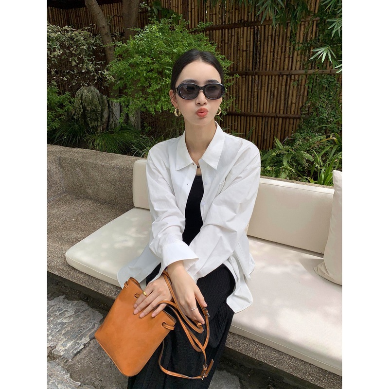 pusumede白色长袖衬衫女春季新款韩系宽松休闲衬衣设计感小众上衣|undefined