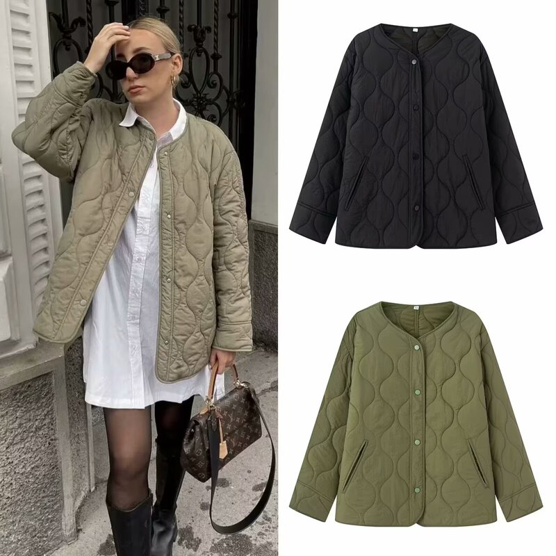Cross-Border Women's Loose Cotton Quilted Jacket Autumn and Winter New Fashion Zipper Thin Cotton Coat Trendy Cold Protection