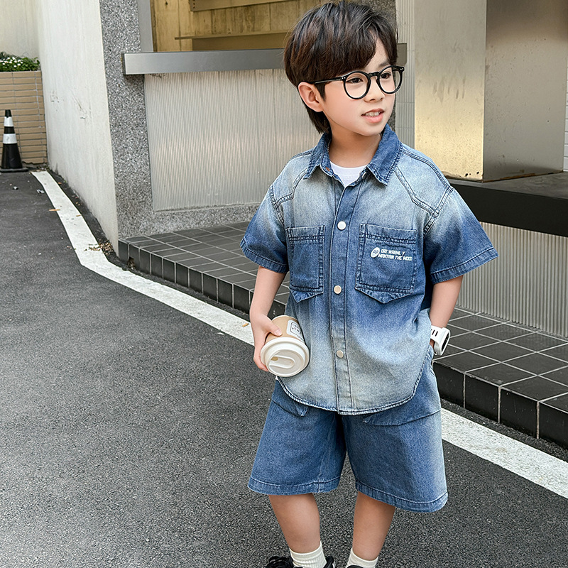 7381 traje de verano para niños camisa de mezclilla para niños pantalones cortos de manga corta 2025 nuevo estilo bebé versión coreana pantalones de cinco puntos marea