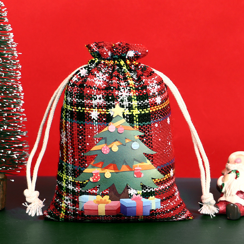 Bolsa de algodón a cuadros de Navidad con cordón Bolsa de embalaje de regalo de caramelo de Navidad Calendario de Adviento bolsa pequeña al por mayor