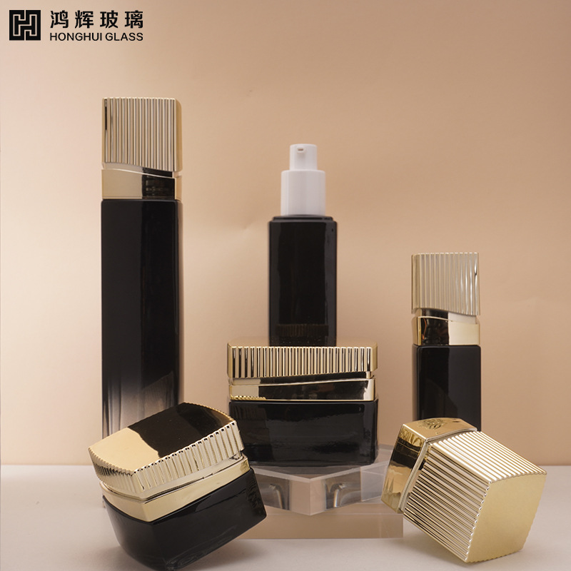 现货四方化妆品玻璃套装瓶包材100ml按压式乳液瓶50g膏霜瓶分装瓶
