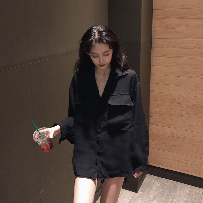 Mid-length Black Shirt Women's Spring and Summer Thin Loose Lazy Style Design Sense Niche Top Shirt Sunscreen Clothes