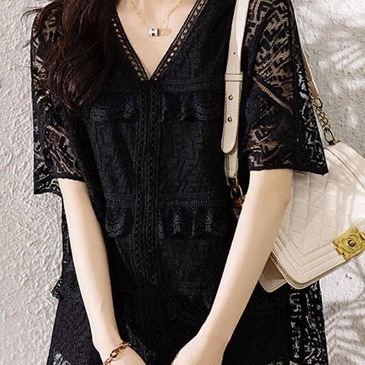 Plus-Size Women's Short-Sleeve Fashion Lace Top, Loose Fit, Flattering for the Belly, Chiffon Shirt for Summer Plus-Size Women's Short-Sleeve Fashion Lace Top, Loose Fit, Flattering for the Belly, Chiffon Shirt for Summer