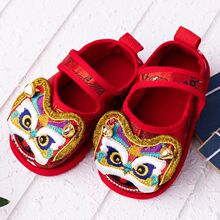 宝宝醒狮虎头鞋周岁抓周刺绣千层底手工防滑魔术贴百天喜庆防滑鞋