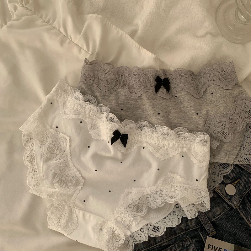 French Court Vintage Soft Lace Pure Cotton Underwear Women's Mid-Waist Wave Dot Seamless Comfortable Breathable Pure Cotton Briefs