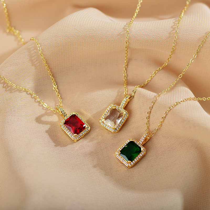 Fashion Square Titanium Steel Gold Plated Zircon Pendant Necklace 1 Piece