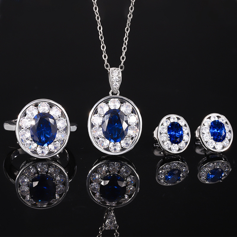 2024 nueva joyería Zhuang Shengsheng fondo de cobre chapado en oro simulación retro cristal puntiagudo azul conjunto ovalado 8*10-6*8