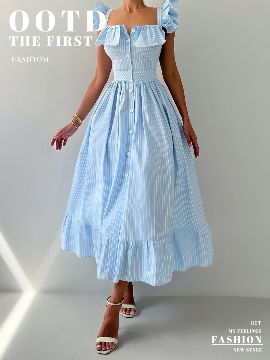 Women's Clothing Striped Dress Button Down Cardigan Waist Cinching Long Dress Summer New Style Flutter Sleeve_ecoleips.com