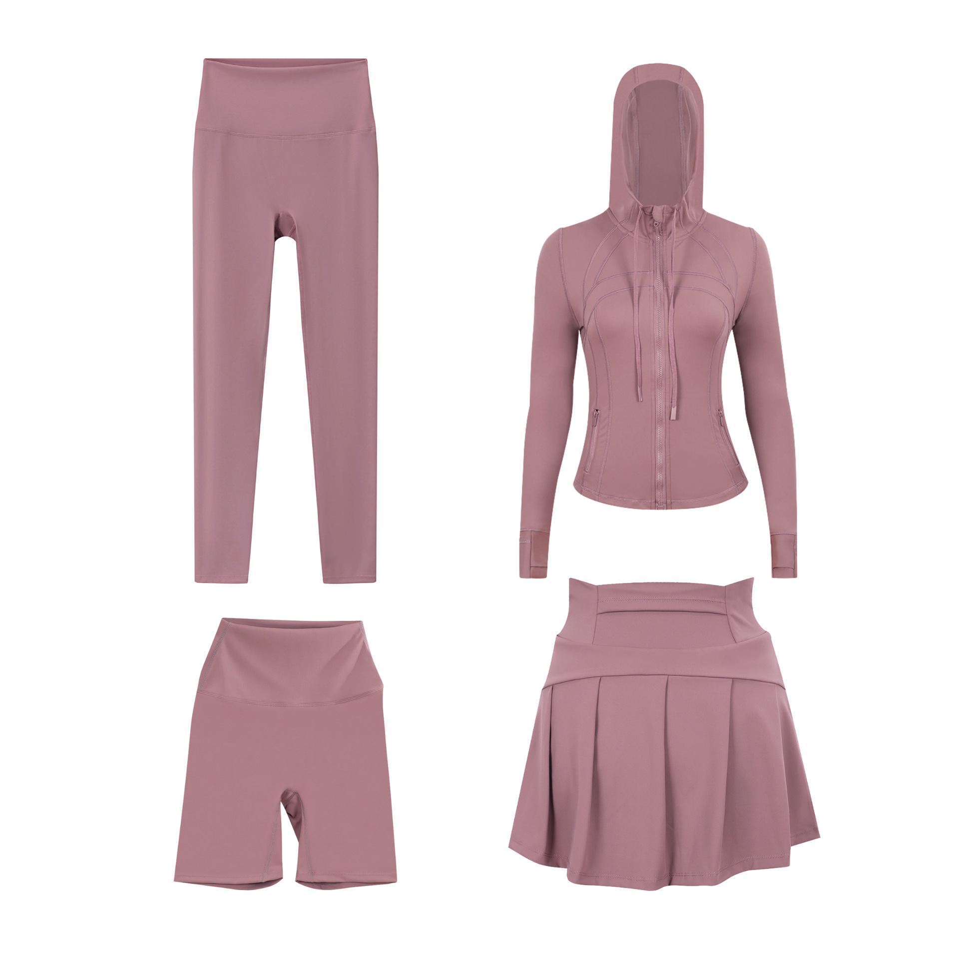 Women's Four Piece Set Sportswear Hooded Jacket Cropped Pants Short Skirt Slim Fit Outerwear Elastic Sports Jacket_ecoleips.com