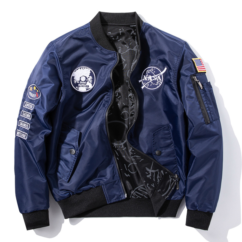 Transfronteriza AliExpress Otoño Nueva NASA Charretera bordada capa de doble cara uniforme de béisbol marca de moda chaqueta de piloto