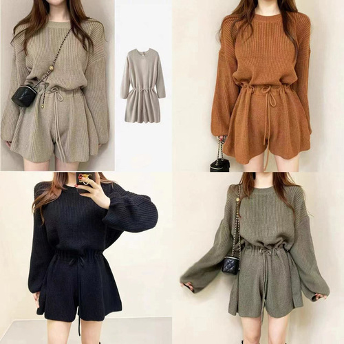 Chic Korean winter and autumn niche retro round neck drawstring waist-cinch long sleeve knit wide-leg jumpsuit short pants