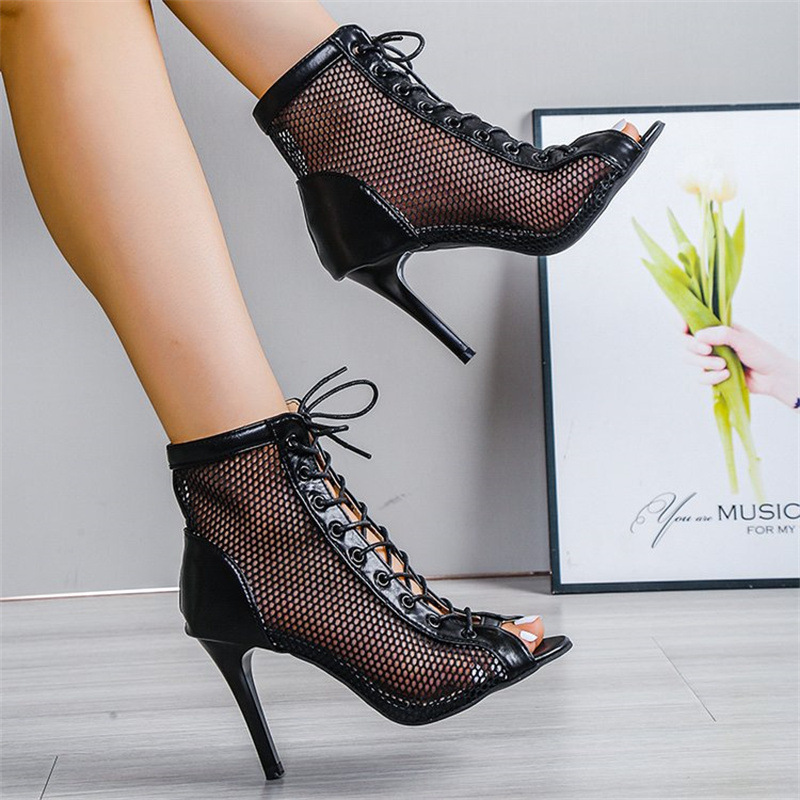 Foreign Trade Large Size Sandals Stiletto Fashion European and American Lace-Up Mesh Fish Mouth High-Heeled Sandals Lace-Up Jazz Dance Shoes Women's Shoes