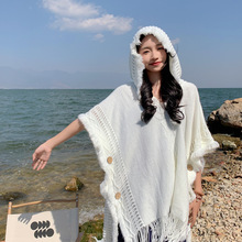 韩版简约纯色针织连帽套头斗篷海滩旅游外搭户外多功能柔软披肩女