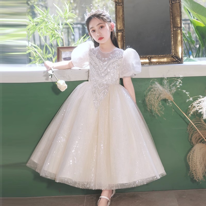兒童走秀禮服2024春季新款泡泡袖花童婚禮生日兒童鋼琴演奏禮服