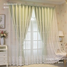窗帘遮光布纱一体双层飘窗客厅卧室纯色田园简约现代绣花纱帘新款