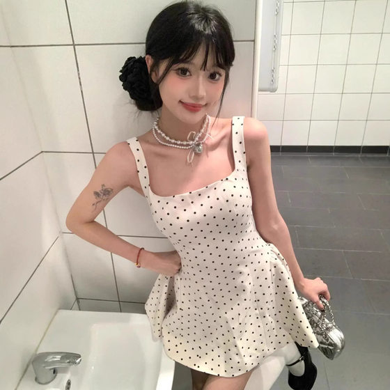 French Square Collar White Polka Dot Sling dress 2025 Summer New High-end Slim-fit Waist A- line Skirt