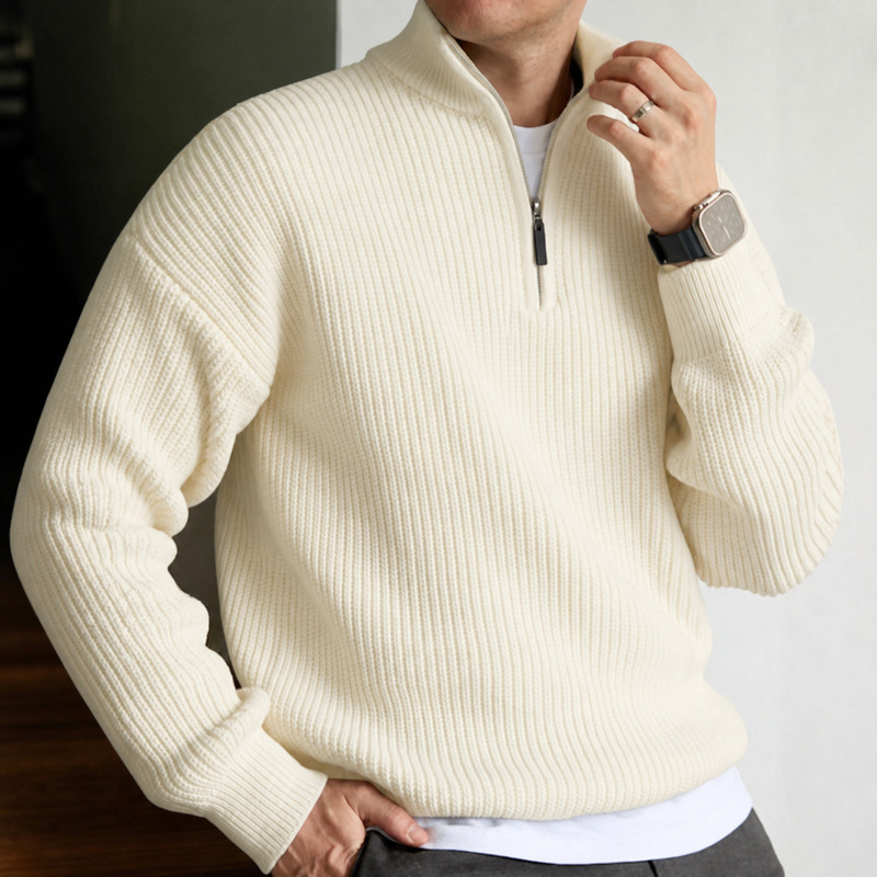 Autumn and winter men's half-zip sweater with polo collar, knitted top, old money style, warm long-sleeve business casual men's clothing