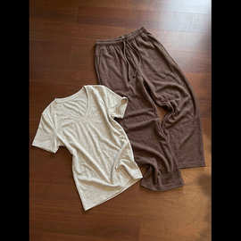 韩版简约纯色V领短袖睡衣女款夏季抽绳休闲长裤家居服套装可外穿