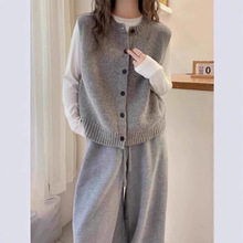 韩系慵懒高级感灰色针织开衫马甲女秋冬宽松无袖叠穿外搭毛衣背心