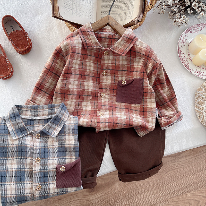 Free Shipping Yikids Boys Suit Baby Boy Fashionable Spring Plaid Shirt Long-Sleeved Clothes Spring & Fall Fashionable Children's Clothing