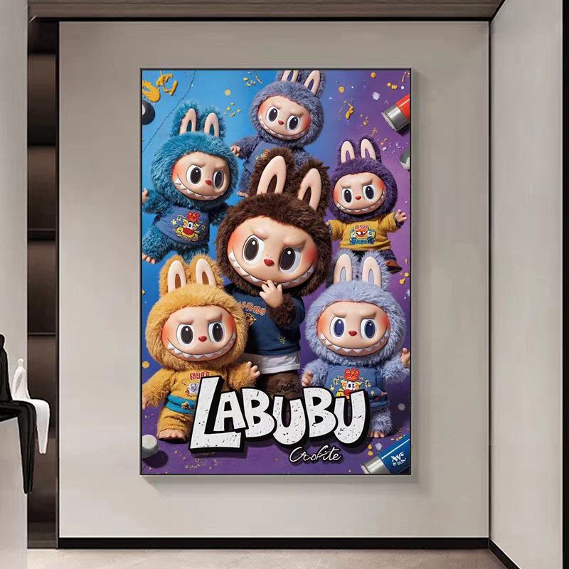 La tendance Rabu accroche la peinture au mur d'entrée du salon, la peinture décorative de labubu, de jolies peintures murales de dessins animés, ornements d'art de bureau