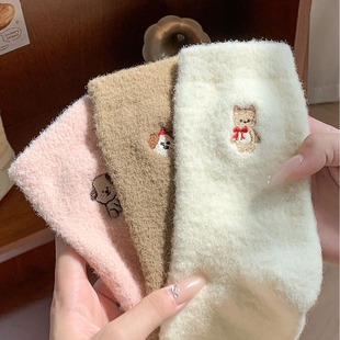 Autumn and winter socks women's mink velvet tube socks fleece-lined thick warm cute cat sleep home baby socks