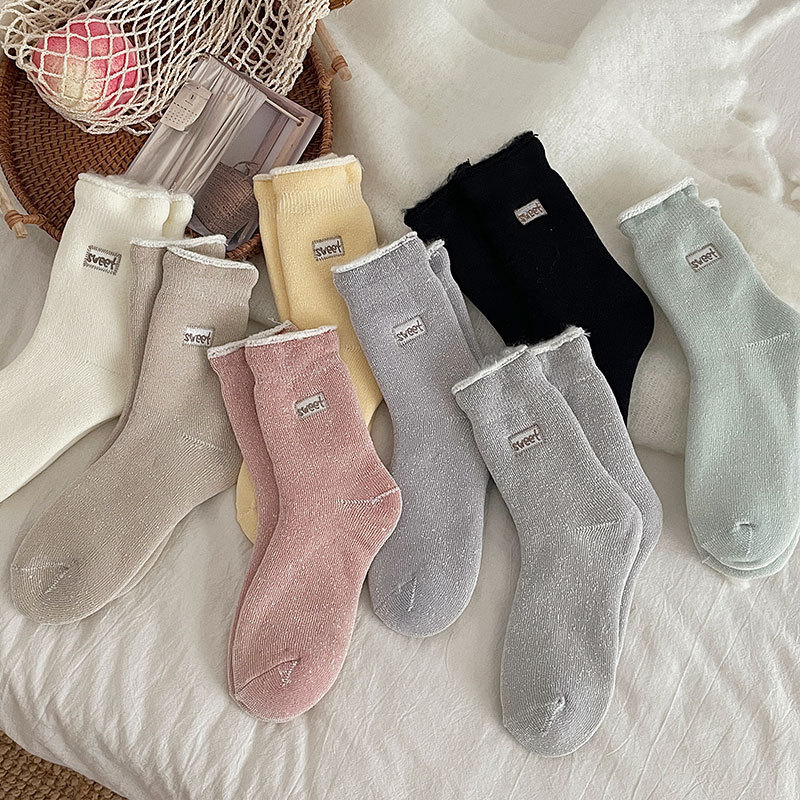 Kışın sıcak çoraplar işlemeli çoraplar artı kadife kalın taban çorapları düz renk fırçalanmış çoraplar kışlık kalınlaştırılmış kadın çorapları_voghion.com
