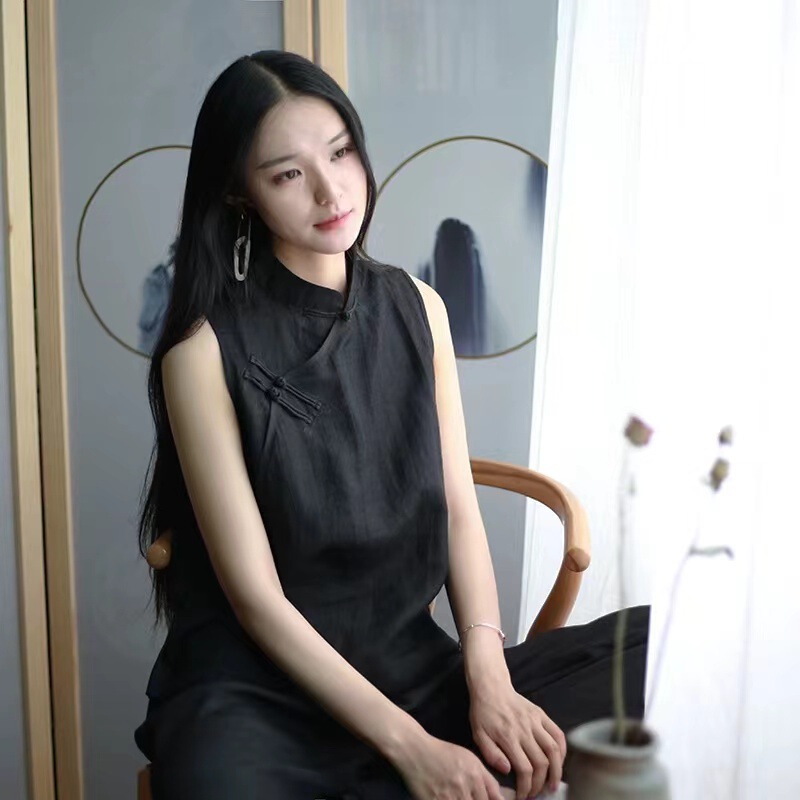 Artistic Cotton Linen Slant Leg Loose Sleeveless Vest Top Chinese Style Vertical Collar Button Shirt Zen Tea Clothes Base Shirt for Women Artistic Cotton Linen Slant Leg Loose Sleeveless Vest Top Chinese Style Vertical Collar Button Shirt Zen Tea Clothes Base Shirt for Women
