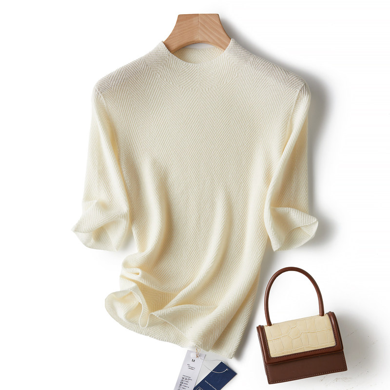Zhengqite Clothing/2026 Wool Textured Herringbone Pattern Half-Turtleneck Mid-Sleeve Knitted Pullover Sweater for Women, New Spring Style Zhengqite Clothing/2026 Wool Textured Herringbone Pattern Half-Turtleneck Mid-Sleeve Knitted Pullover Sweater for Women, New Spring Style