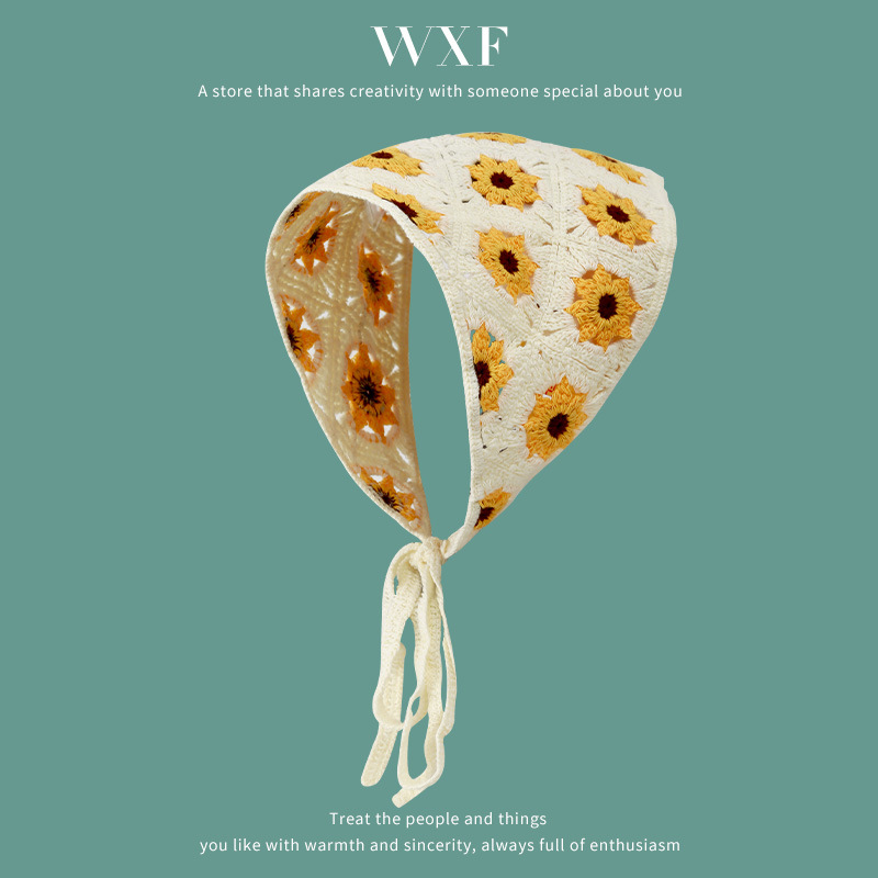 Francés vintage turbante mujer turbante triángulo de dopamina viaje dulce encantador gancho flores estilo de arte de punto de moda correa de pelo