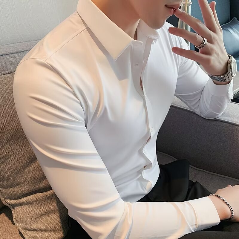 Men's Wrinkle-Free Four-Way Stretch Bonded Nylon Laser-Cut Business Casual Shirt, Stylish for Foreign Trade