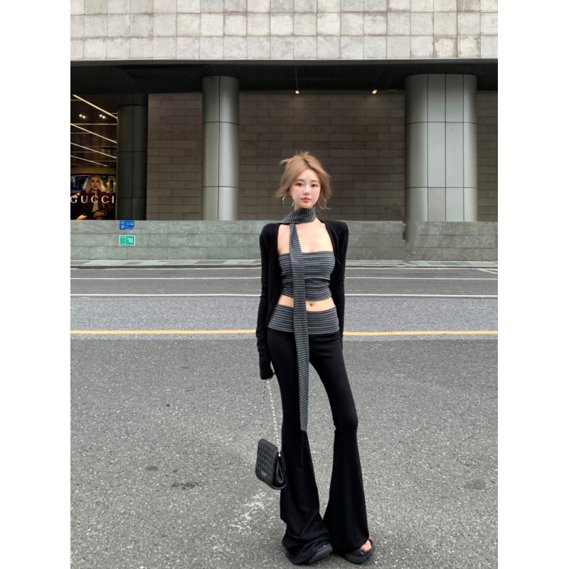 辣妹时髦套装秋冬条纹设计感高级抹胸开衫长裤套装女