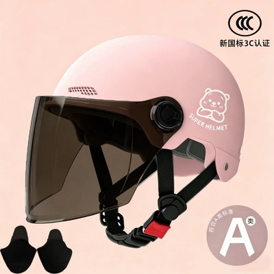 Motosiklet kaskı (dəbilqə) — safety helmet, adult half helmet - pink-brown-long-mirror-silver-white-bear-ear-protection