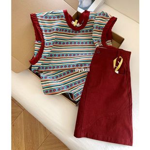 Summer Gentle Style for Women 2025 New Korean Style Trendy Printed Short-Sleeved Slimming Simple Skirt Two-Piece Set