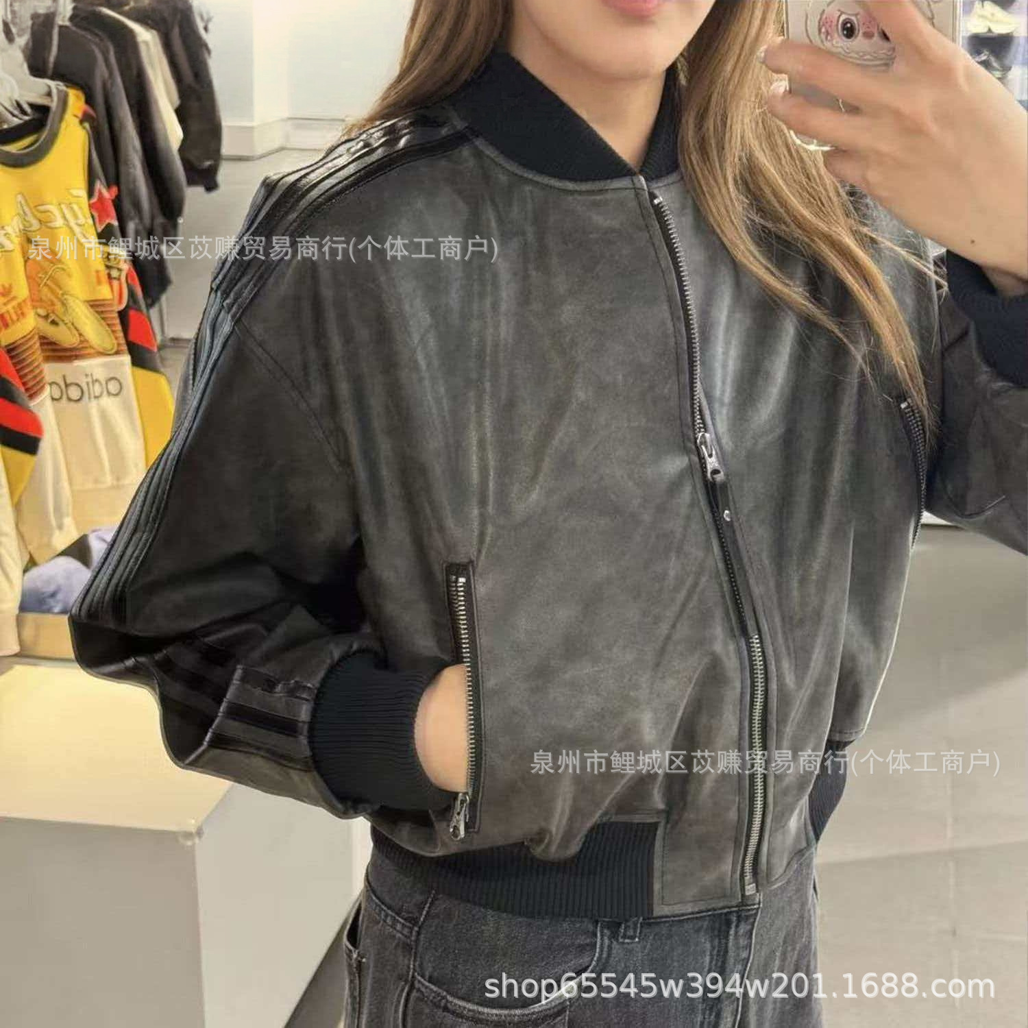 American-style motorcycle faux leather aviator jacket with a turn-down collar for women, new European and American style short jacket with a stand-up collar