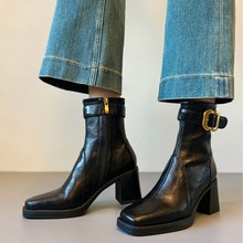 牛皮版~方头粗跟短靴女2025秋冬新款百搭瘦瘦靴子气质高跟马丁靴