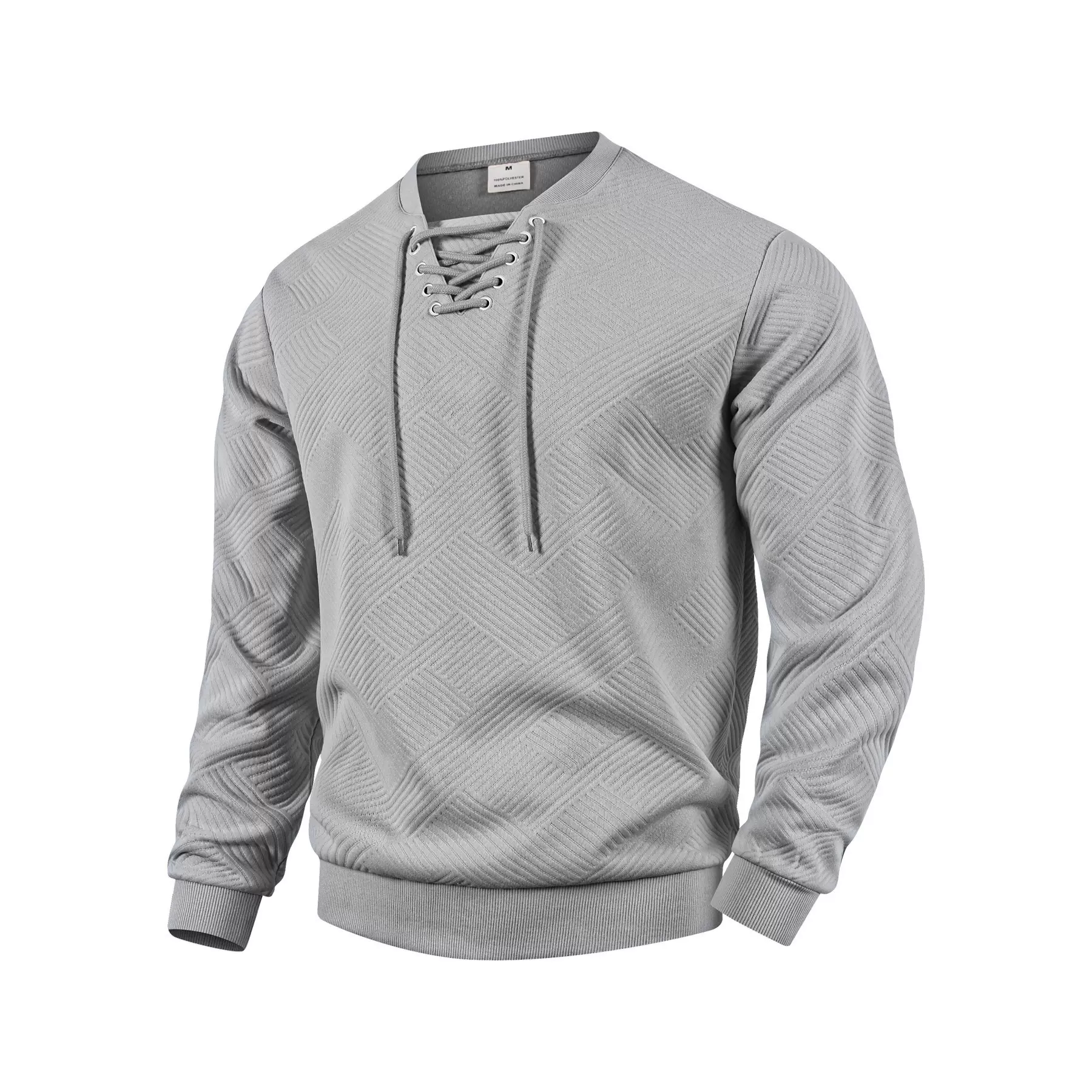 跨境新款复古风 系带条格纹圆领亨利杉男宽松质感休闲亨利杉上衣