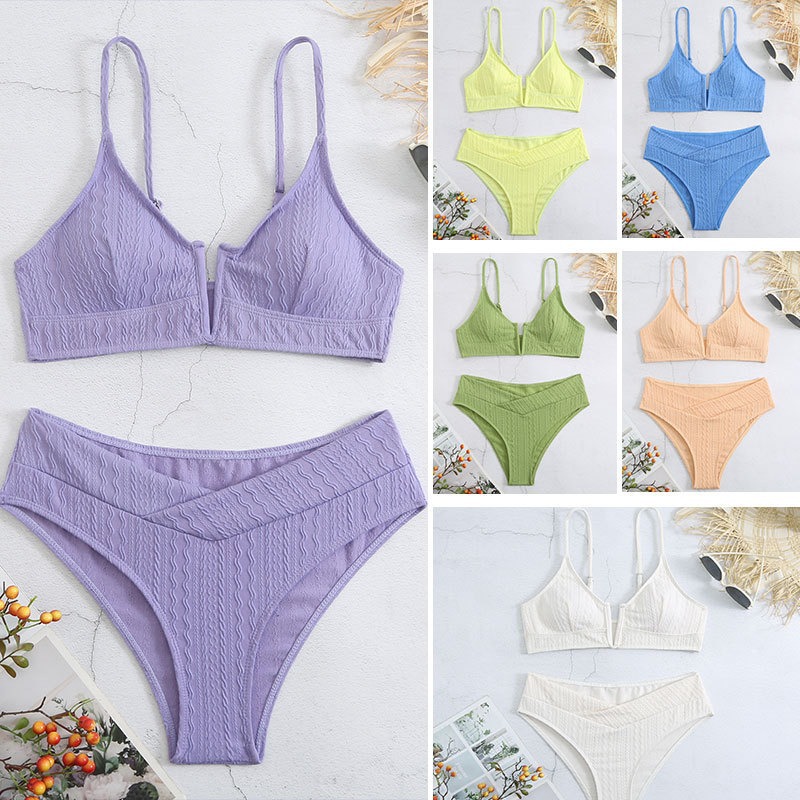 Amazon 23 New Split Solid Color Bikini Swimwear Deep V High Waist Sexy Swimwear Texture Fabric Swimwear for Women