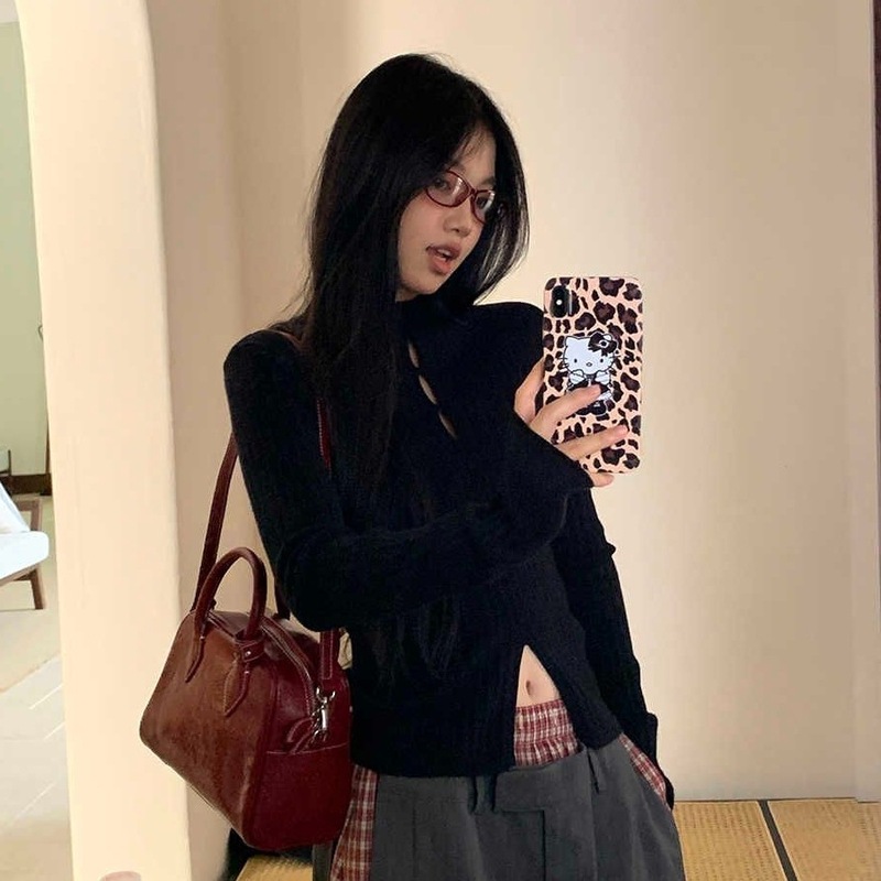 辣妹镂空黑色长袖针织衫女秋冬季新款修身显瘦内搭打底衫外穿上衣|undefined