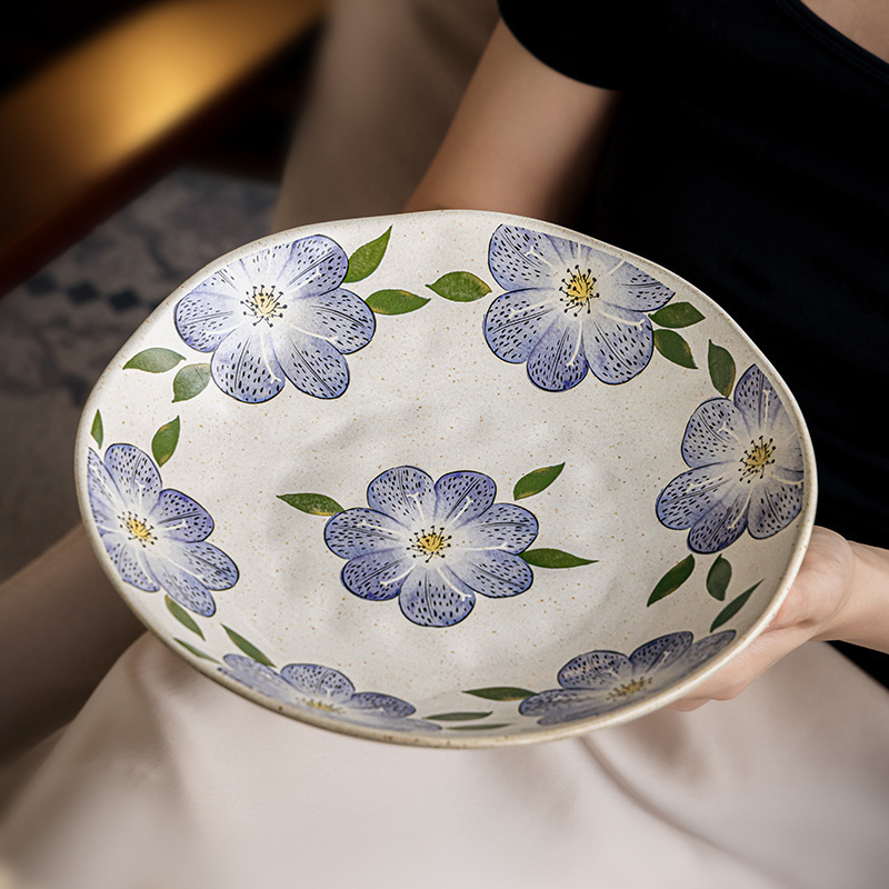 Good-Looking Online 9.5inch Special-Shaped Deep Plate Large Fruit Salad Plate Retro Ceramic Dish Bowl Cross-Border Export