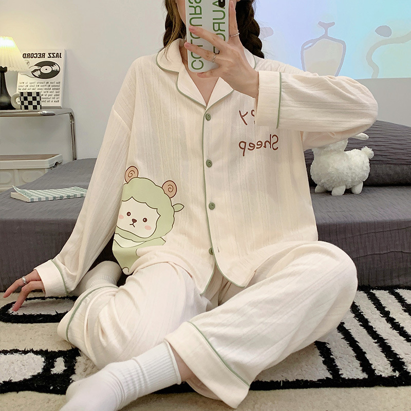 Japón ins pijama de dibujos animados mujeres peinado jacquard algodón otoño invierno manga larga adorable chica dulce conjunto de ropa de casa