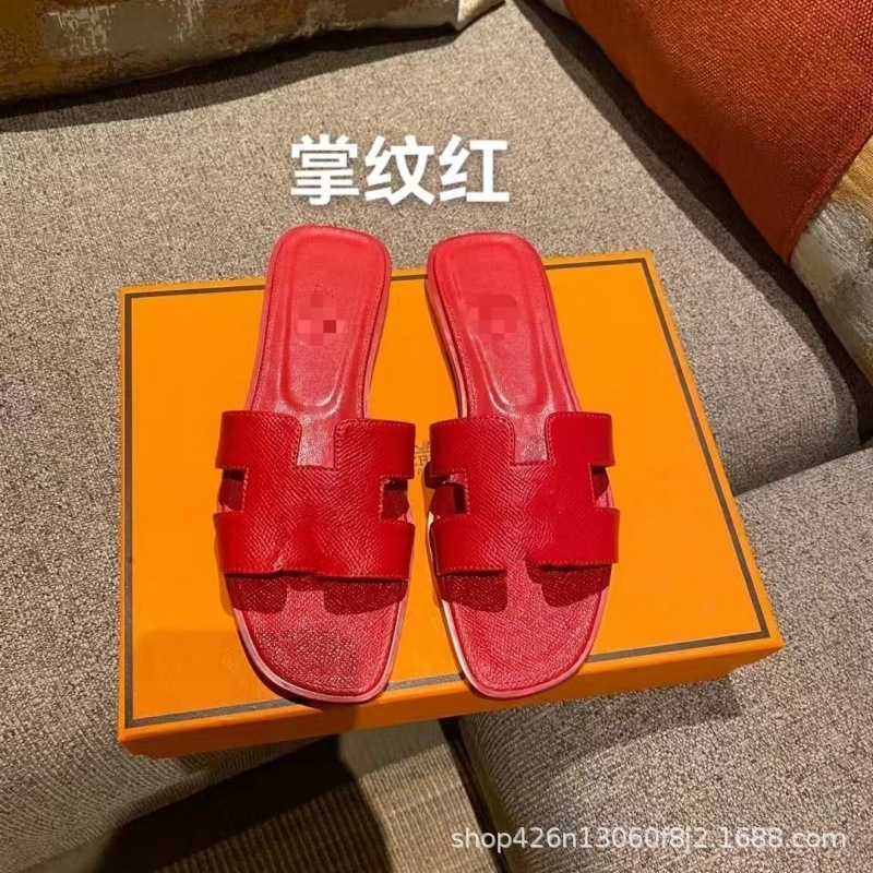 外贸经典款H家拖鞋女夏季高版本休闲一字型羊皮平底拖鞋批出货快|undefined