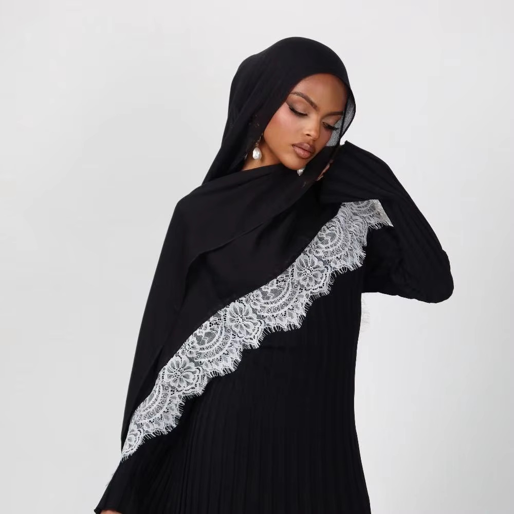 Cross-Border European and American Style Lace-Trimmed Scarf, Solid Color Rayon Breathable Headscarf 180*80cm