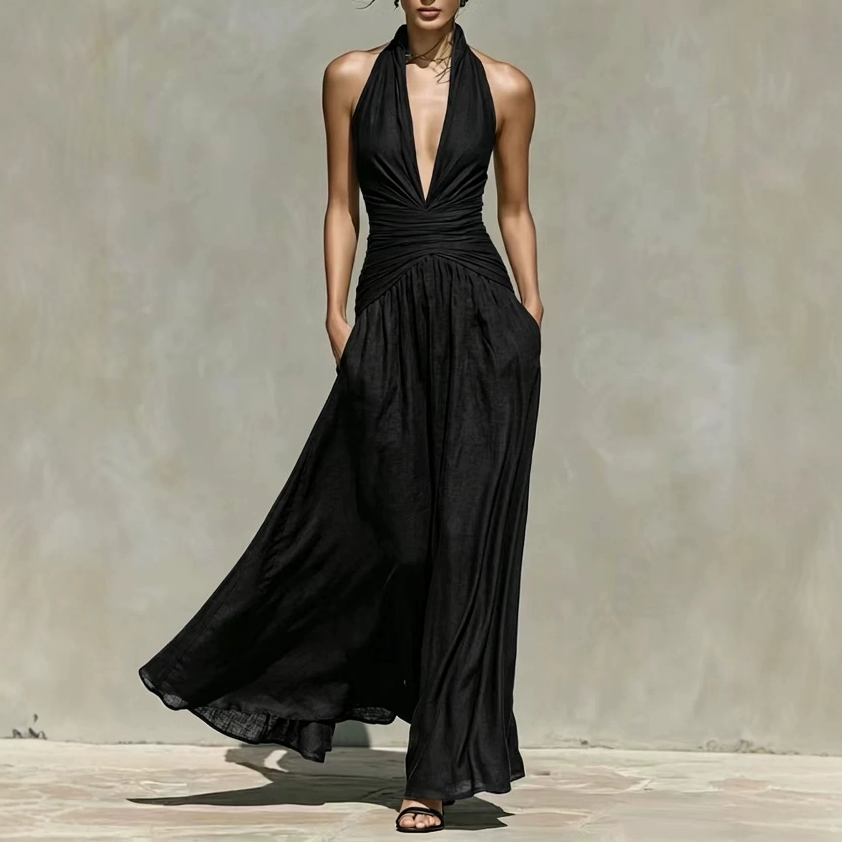Comercio exterior exclusivo para Europa y América sexy cuello profundo vestido de cuello en V cintura delgada vestido de vacaciones largo sin mangas