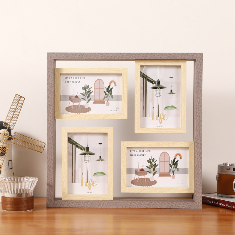 Combination Photo Frame Simple Creative Wooden Desktop Display Photo Frame Double Frame 4 Grids Picture Frame Decorative Ornaments Wall Hanging